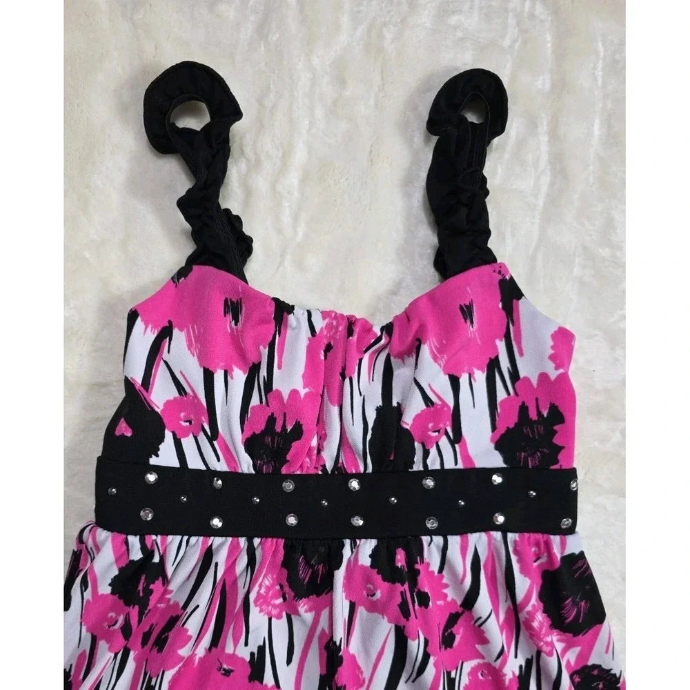 Y2K Justice Pink Black Floral Party Dress Ruffle Rhinestone Girls Size 6